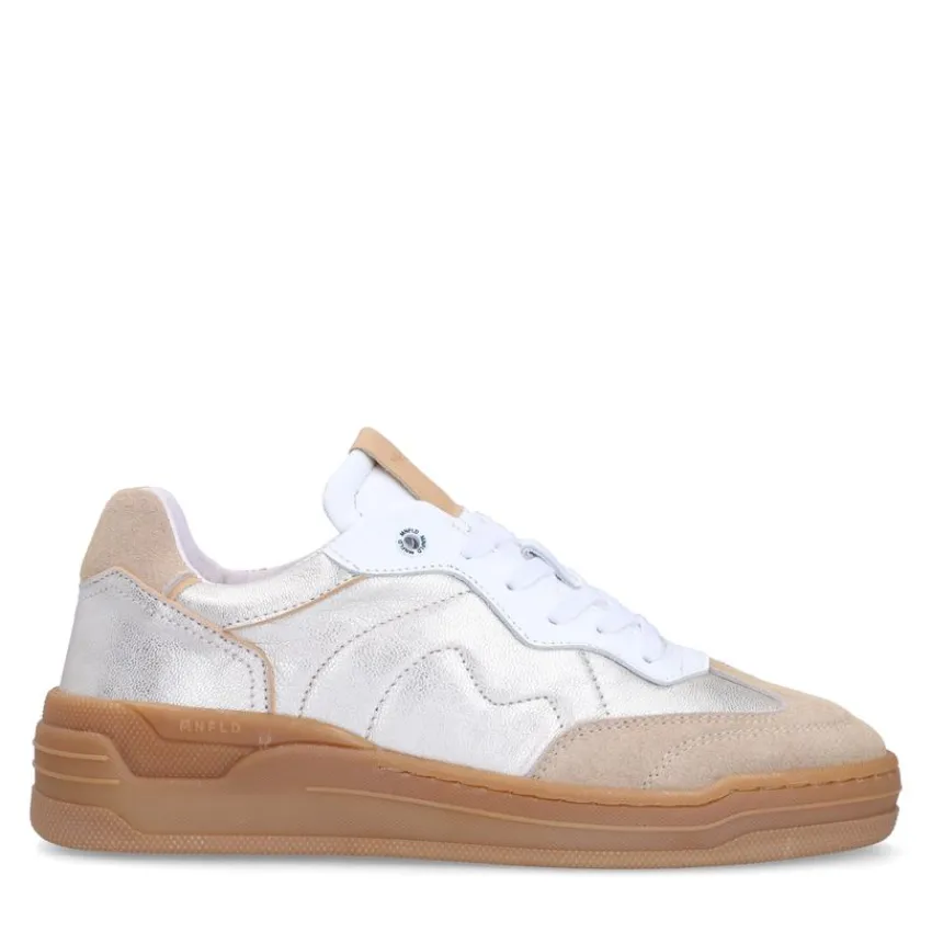 Manfield Zilveren leren sneakers met beige suède details^DAMES Sneakers
