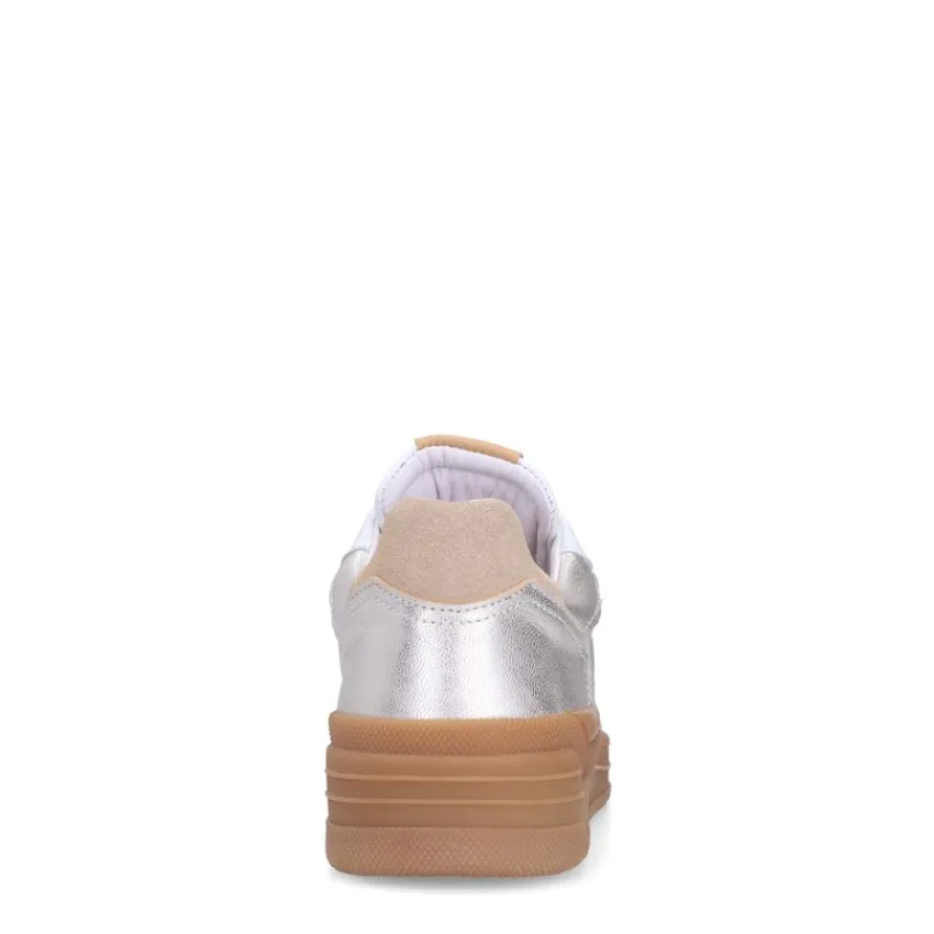 Manfield Zilveren leren sneakers met beige suède details^DAMES Sneakers