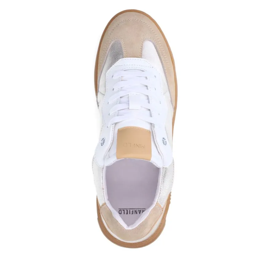 Manfield Zilveren leren sneakers met beige suède details^DAMES Sneakers