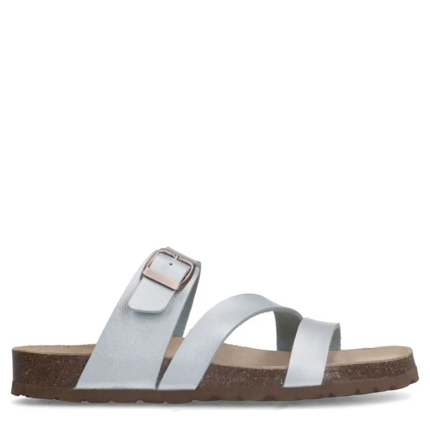 Manfield Zilveren slippers met gesp^DAMES Slippers