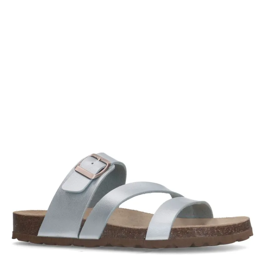 Manfield Zilveren slippers met gesp^DAMES Slippers