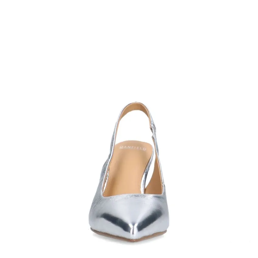 Manfield Zilverkleurige leren slingbacks^DAMES Pumps|Slingbacks