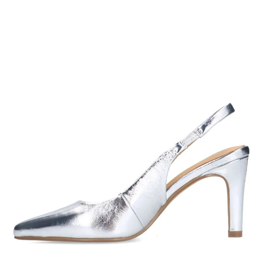 Manfield Zilverkleurige leren slingbacks^DAMES Pumps|Slingbacks