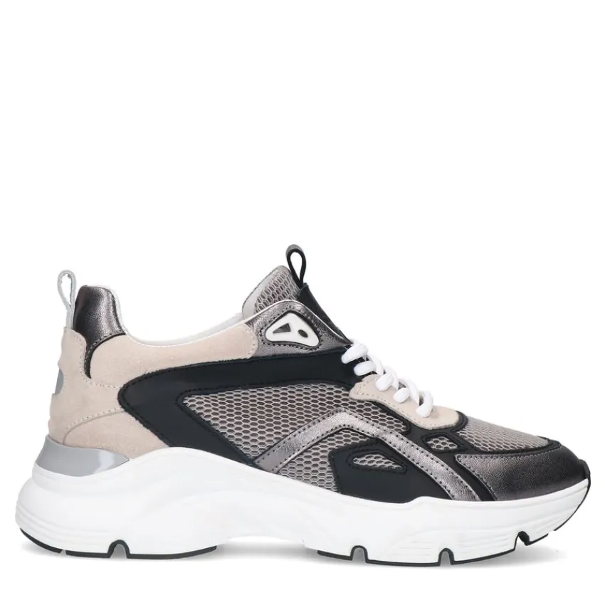 Manfield Zilverkleurige leren sneakers met mesh details^DAMES Sneakers