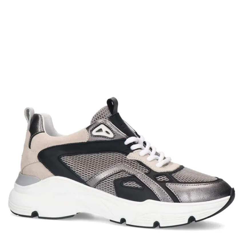 Manfield Zilverkleurige leren sneakers met mesh details^DAMES Sneakers