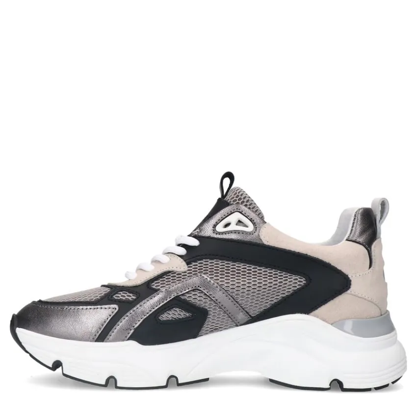 Manfield Zilverkleurige leren sneakers met mesh details^DAMES Sneakers