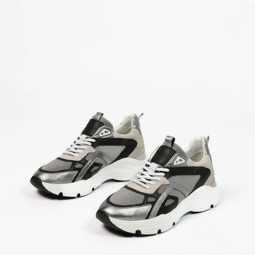 Manfield Zilverkleurige leren sneakers met mesh details^DAMES Sneakers