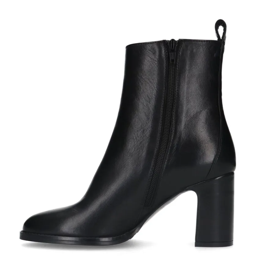 Manfield Zwart leren enkellaarsjes met blokhak^DAMES Enkellaarsjes