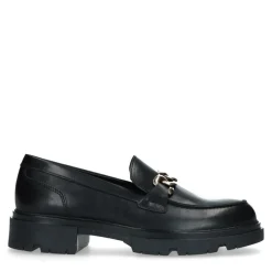Manfield Zwart leren loafers met goudkleurige chain^DAMES Loafers
