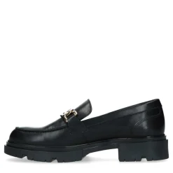 Manfield Zwart leren loafers met goudkleurige chain^DAMES Loafers
