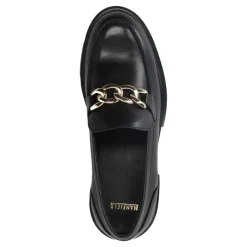 Manfield Zwart leren loafers met goudkleurige chain^DAMES Loafers