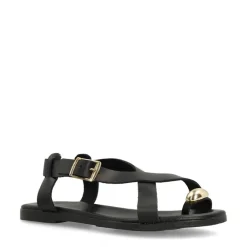 Manfield Zwart leren sandalen met goudkleurig detail^DAMES Sandalen