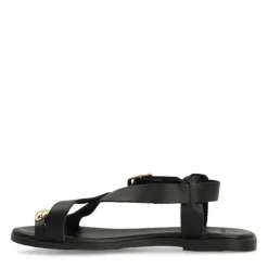Manfield Zwart leren sandalen met goudkleurig detail^DAMES Sandalen