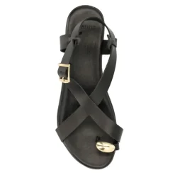 Manfield Zwart leren sandalen met goudkleurig detail^DAMES Sandalen