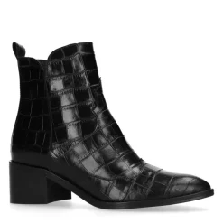 Manfield Zwarte enkellaarsjes met crocoprint^DAMES Enkellaarsjes