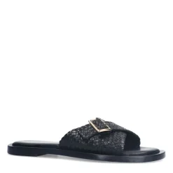 Manfield Zwarte gevlochten slippers met gesp^DAMES Slippers