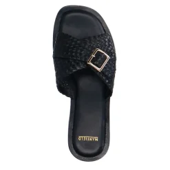 Manfield Zwarte gevlochten slippers met gesp^DAMES Slippers