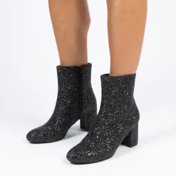 Manfield Zwarte glitter enkellaarsjes met hak^DAMES Enkellaarsjes