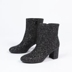 Manfield Zwarte glitter enkellaarsjes met hak^DAMES Enkellaarsjes