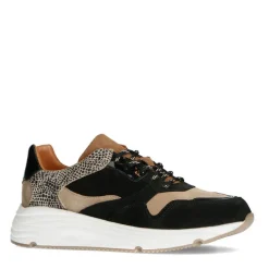 Manfield Zwarte lage sneakers met cheetahprint^DAMES Sneakers