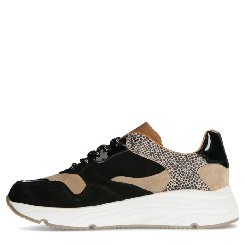 Manfield Zwarte lage sneakers met cheetahprint^DAMES Sneakers