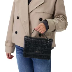 Manfield Zwarte lakleren croco schoudertas^ Schoudertassen