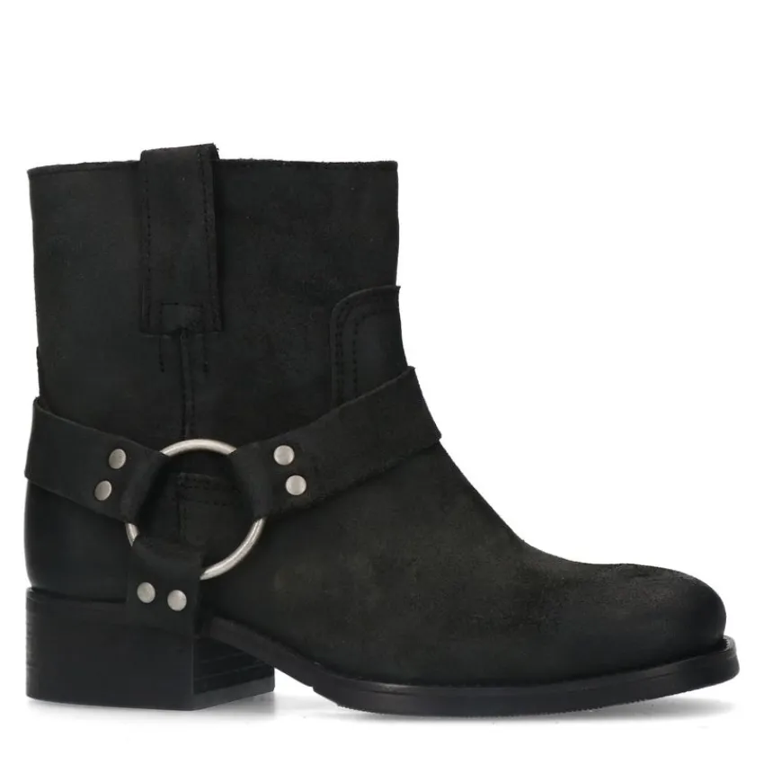 Manfield Zwarte leren biker boots^DAMES Enkellaarsjes