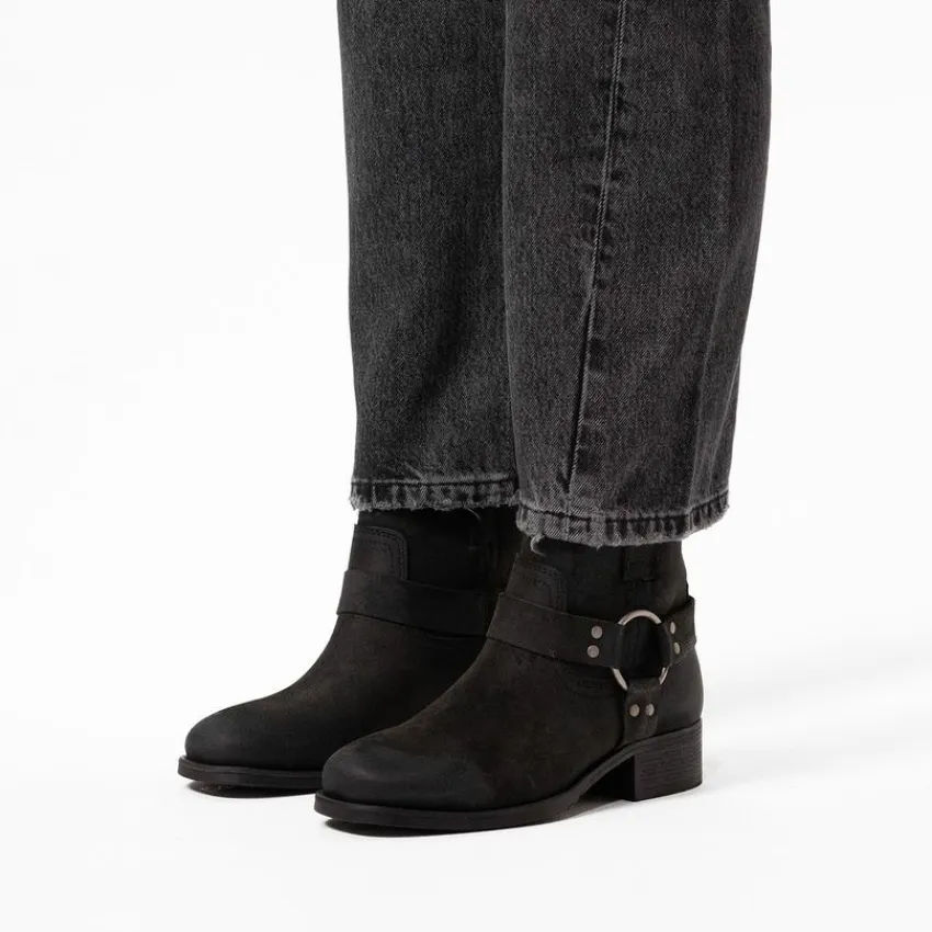 Manfield Zwarte leren biker boots^DAMES Enkellaarsjes