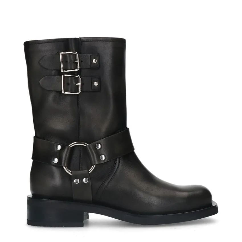 Manfield Zwarte leren biker boots met zilverkleurige gespjes^DAMES Enkellaarsjes