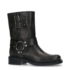Manfield Zwarte leren biker boots met zilverkleurige gespjes^DAMES Enkellaarsjes