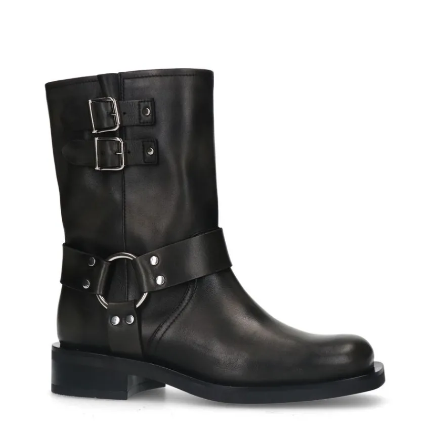 Manfield Zwarte leren biker boots met zilverkleurige gespjes^DAMES Enkellaarsjes