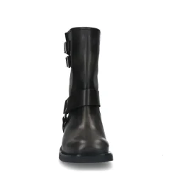 Manfield Zwarte leren biker boots met zilverkleurige gespjes^DAMES Enkellaarsjes