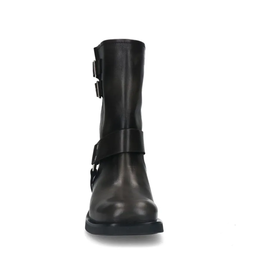 Manfield Zwarte leren biker boots met zilverkleurige gespjes^DAMES Enkellaarsjes