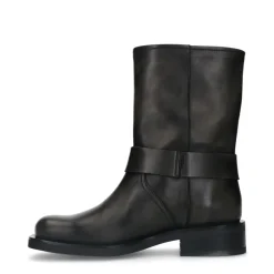 Manfield Zwarte leren biker boots met zilverkleurige gespjes^DAMES Enkellaarsjes