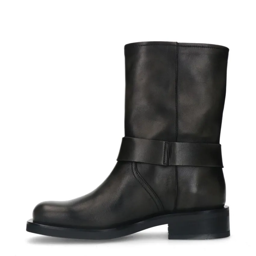 Manfield Zwarte leren biker boots met zilverkleurige gespjes^DAMES Enkellaarsjes