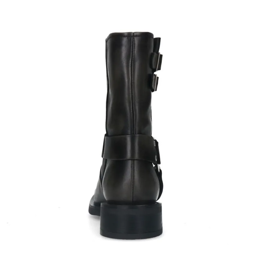 Manfield Zwarte leren biker boots met zilverkleurige gespjes^DAMES Enkellaarsjes