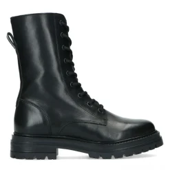 Manfield Zwarte leren biker boots met veters^DAMES Enkellaarsjes