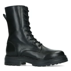 Manfield Zwarte leren biker boots met veters^DAMES Enkellaarsjes