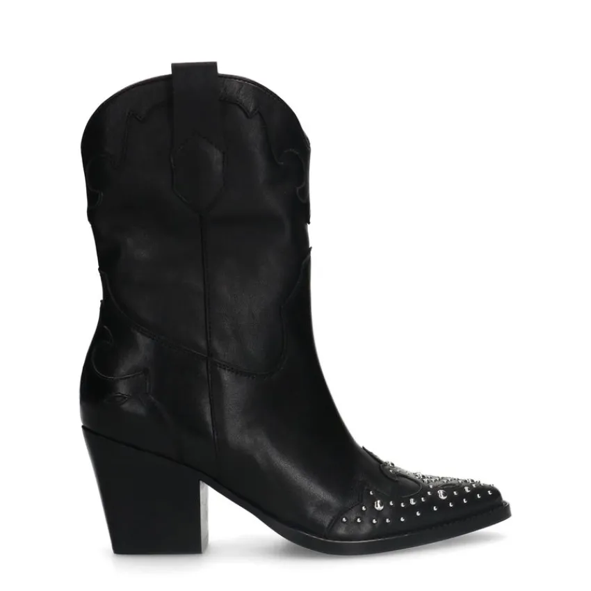Manfield Zwarte leren cowboy laarzen met zilveren studs^DAMES Enkellaarsjes