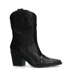Manfield Zwarte leren cowboy laarzen met zilveren studs^DAMES Enkellaarsjes