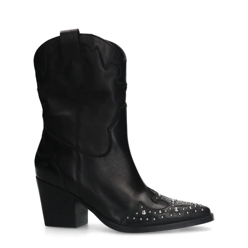 Manfield Zwarte leren cowboy laarzen met zilveren studs^DAMES Enkellaarsjes