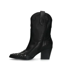 Manfield Zwarte leren cowboy laarzen met zilveren studs^DAMES Enkellaarsjes