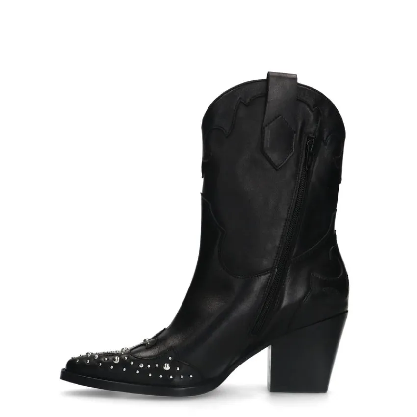 Manfield Zwarte leren cowboy laarzen met zilveren studs^DAMES Enkellaarsjes