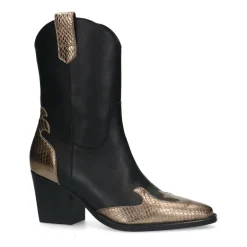 Manfield Zwarte leren cowboy laarzen met goudkleurige details^DAMES Enkellaarsjes