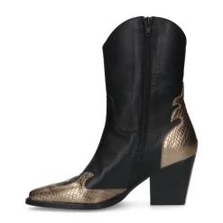Manfield Zwarte leren cowboy laarzen met goudkleurige details^DAMES Enkellaarsjes