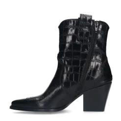 Manfield Zwarte leren croco enkellaarsjes met hak^DAMES Enkellaarsjes