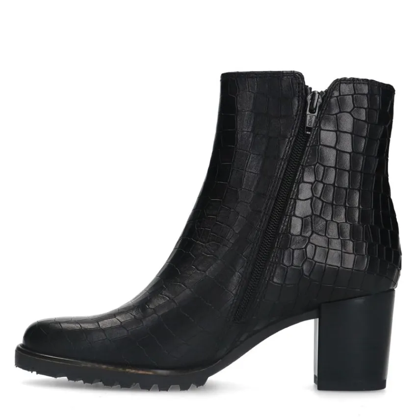No Stress Zwarte leren croco enkellaarsjes met hak met chain^DAMES Enkellaarsjes