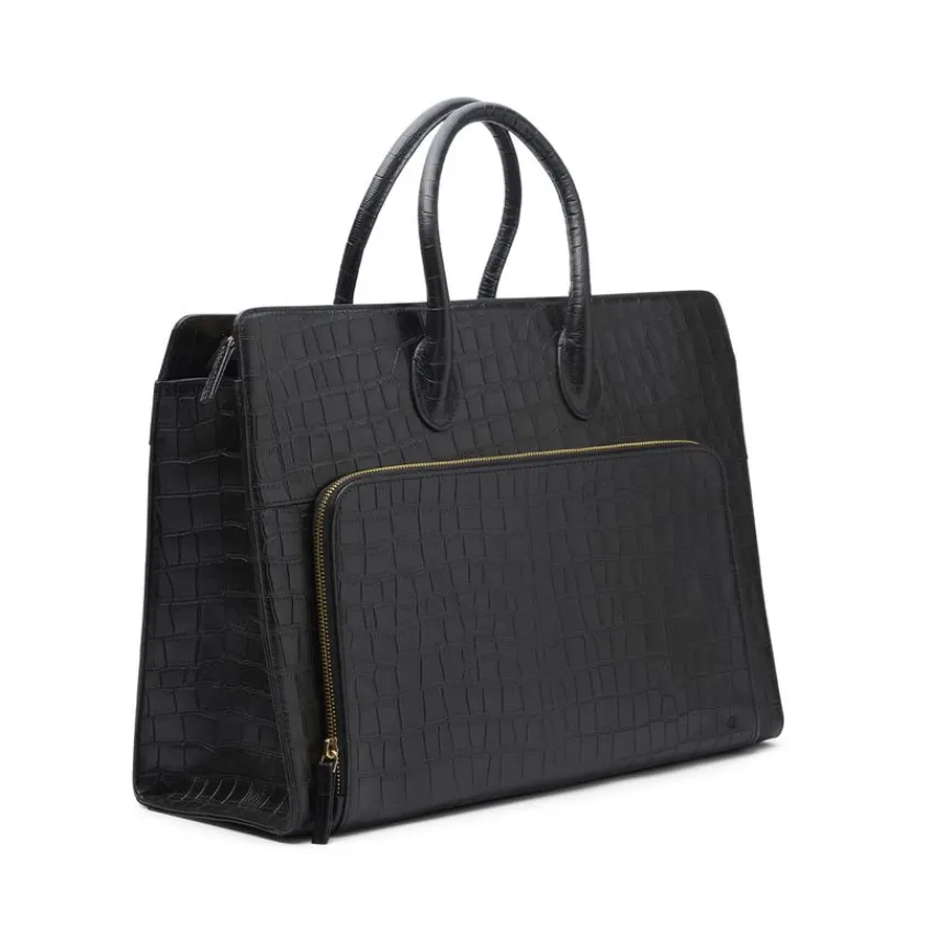 Manfield Zwarte leren croco shopper^ Shoppers
