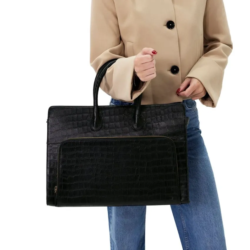 Manfield Zwarte leren croco shopper^ Shoppers