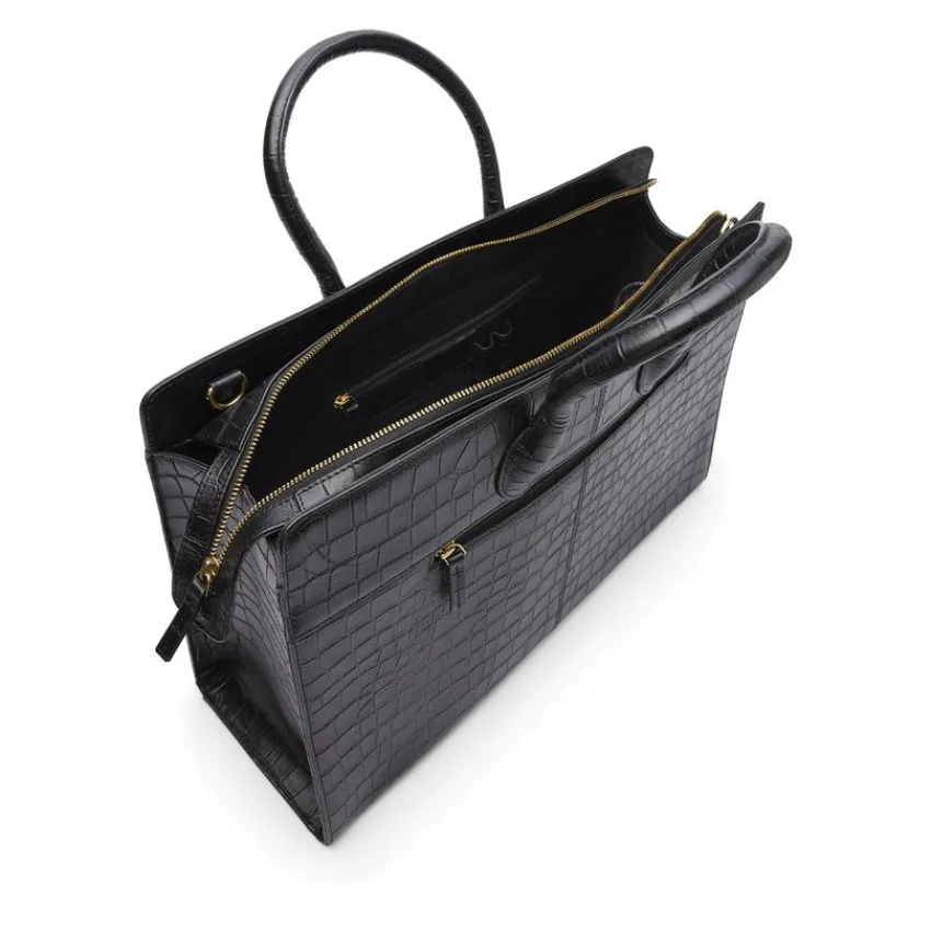 Manfield Zwarte leren croco shopper^ Shoppers